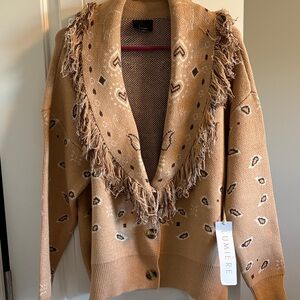 Lumiere Camel Patterned Fringe Cardigan